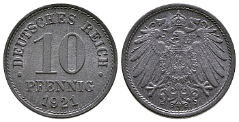 ГЕРМАНИЯ 10 ПФЕННИГОВ 1921 KM 26, J. 299 цинк 4380-231