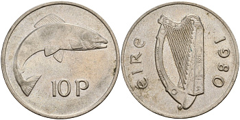 Ирландия 10 пенсов 1980 лосось KM 23 медно-никель 4140-332