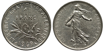 Франция 1 франк 1969 сеятель KM 925.1, Le Franc 226.14 никель 186-857