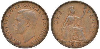 Великобритания 1 пенни 1948 Георг VI (1936-1952) KM 845, Spink 4114 бронза 4123-945