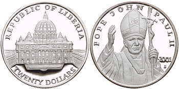Либерия 20 долларов 2001 Папа Иоанн Павелл II KM 643 серебро PROOF 1087-4-72