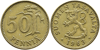ФИНЛЯНДИЯ 50 ПЕННИ 1963 S KM 48 алюминиевая бронза 4364-2553
