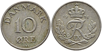 Дания 10 эре 1951 N; S, Фредерик IX (1947-1972) KM 841 медно-никель 4398-914