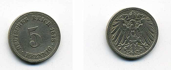 Германия 5 пфеннигов 1898 A, KM 11, J. 12 медно-никель 46-142