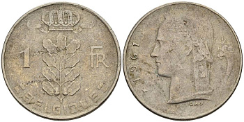 БЕЛЬГИЯ 1 ФРАНК 1961 BELGIQUE KM 142.1 медно-никель 4546-446