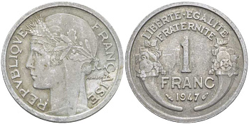 ФРАНЦИЯ 1 ФРАНК 1947 ТИП MORLON, LEGERE KM 885a.1, LE FRANC 221.11 алюминий 175-444