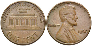 США 1 ЦЕНТ 1968 ЛИНКОЛЬН KM 201 медь цинк 116-623