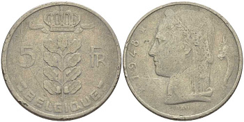 БЕЛЬГИЯ 5 ФРАНКОВ 1948 BELGIQUE, ЛЕОПОЛЬД III (1934-1950) KM 134.1 медно-никель 119-651