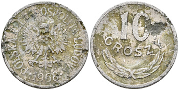 Польша 10 грошей 1968 MW KM АА47, Parchimowicz 206g алюминий 4564-1051