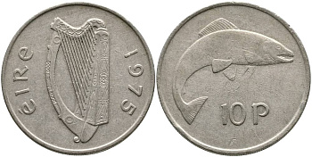 ИРЛАНДИЯ 10 ПЕНСОВ 1975 ЛОСОСЬ KM 23 медно-никель 4531-741