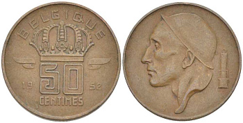 БЕЛЬГИЯ 50 САНТИМОВ 1952 BELGIQUE, БОДУЭН I (1951-1993) KM 144 бронза 206-159