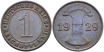 ГЕРМАНИЯ 1 РЕЙХСПФЕННИГ 1929 D KM 37, J. 313, Weege 2 бронза 4547-139