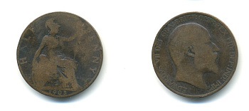 Великобритания 1/2 пенни 1905 Эдуард VII (1901-1910) KM 793.2, Spink 3991 бронза 59-843