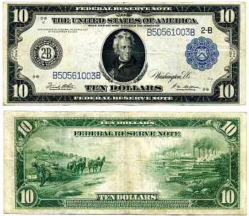 США 10 долларов 1914 серебряный сертификат, Президент Эндрю Джексон, Буква В (Нью-Йорк), подписи WHITE & MELLON, голубая серия Pick 360bB (4-2)  бумага  000-00-00