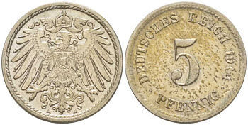 ГЕРМАНИЯ 5 ПФЕННИГОВ 1914 A KM 11, J. 12, Weege 6 медно-никель 206-1021
