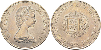 Великобритания 25 пенсов 1972 25 лет со дня свадьбы Елизавтеы II И Филлипа (1947-1972, серебрянная свадьба), Елизавета II (1952-2022) KM 917, Spink 4226 медно-никель 4552-524