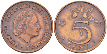 Нидерланды 5 центов 1975 Юлиана (1949-1980) KM 181 бронза 3856-1042
