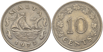Мальта 10 центов 1972 баржа Великого магистра KM 11 медно-никель 82-615
