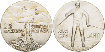 Финляндия 25 марок 1978 K-N, 21 Чемпионат мира по лыжным видам спорта 1978 в Лахти KM 56 серебро UNC 1515-1244