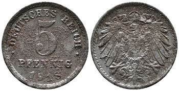 ГЕРМАНИЯ 5 ПФЕННИГОВ 1918 KM 19, J. 297 железо 39-255