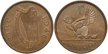 ИРЛАНДИЯ 1 ПЕННИ 1948 КУРИЦА С ЦЫПЛЯТАМИ KM 11 бронза 4389-746