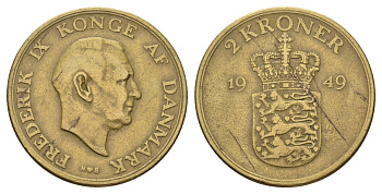 Дания 2 кроны 1949 N, Фредерик IX (1947-1972) KM 838 алюминиевая бронза 79-436