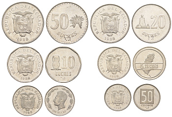 Эквадор набор из 6 монет (1, 5, 10, 20, 50 и 100 сукре) 1988 KM 89, 90, 91, 92, 93 и 94 UNC 4652-1053-1057