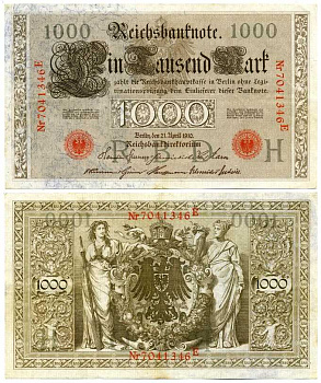 ГЕРМАНИЯ 1000 МАРОК 1910 21 АПРЕЛЯ 1910, КРАСНАЯ ПЕЧАТЬ, СЕМИЗНАЧНЫЙ НОМЕР Pick 44b бумага 7198-33-2-2