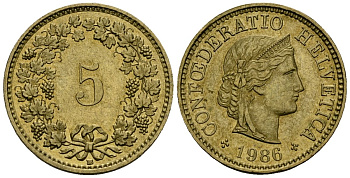 Швейцария 5 раппенов 1988 KM 26c алюминиевая бронза 4173-1054