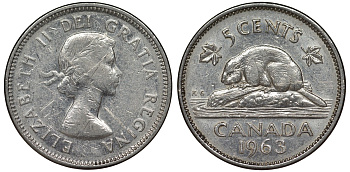 Канада 5 центов 1963 бобр, Елизавета II (1952-) KM 57 никель 4128-545