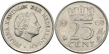 Нидерланды 25 центов 1969 Юлиана (1948-1980) KM 183 никель 96-215