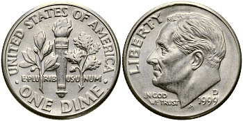 США 10 ЦЕНТОВ = 1 ДАЙМ 1999 D, РУЗВЕЛЬТ KM 195а медь плакированная медно-никелем 46-1038