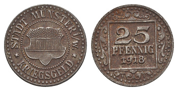 Мюнстер в Вестфалии 25 пфеннигов 1918 Funck 350.4, Men18 22668.3 железо 4642-451