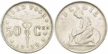 БЕЛЬГИЯ 50 САНТИМОВ 1930/20 BELGIE KM 88 никель 3996-1222