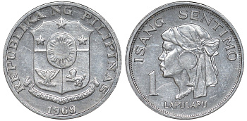 Филиппины 1 сентимо 1969 вождь острова Мактан Лапу-Лапу KM 196 алюминий 51-2713