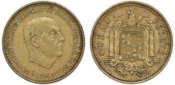 Испания 1 песета 1966 (69) Франсиско Франко (1939-1975) KM 796 алюминиевая бронза 4176-125