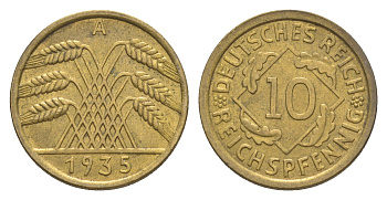Германия 10 рейхспфеннигов 1935 KM 40, J. 317 алюминиевая бронза 4644-1234