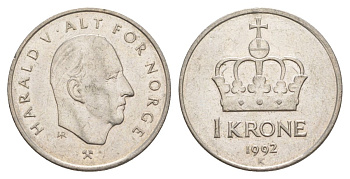 Норвегия 1 крона 1992 Харальд V (1991-) KM 436 медно-никель 4635-733