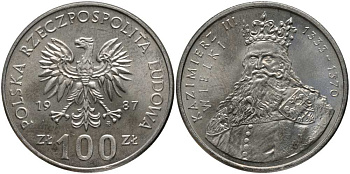 ПОЛЬША 100 ЗЛОТЫХ 1987 MW, КАЗИМИР III ВЕЛИКИЙ (1333-1370) KM 167 медно-никель UNC 180-342