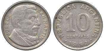 Аргентина 10 сентаво 1952 генерал Хосе де Сан Мартин KM 47 медно-никель 4164-315