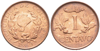 Колумбия 1 сентаво 1969 KM 205а сталь плакированная медью 218-1126