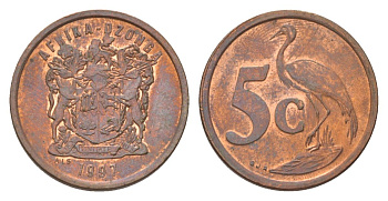 ЮАР 5 центов 1997 герб, райский журавль KM 160 сталь плакированная медью 4627-215