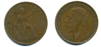 Великобритания 1 пенни 1927 Георг V (1910-1936) КМ 826, Spink 4054 бронза 41-931