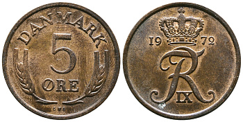 ДАНИЯ 5 ЭРЕ 1972 ФРИДЕРИК IX KM 848.2 бронза 83-1036