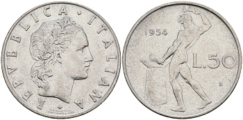 Италия 50 лир 1954 R, бог огня Вулкан у наковальни KM 95.1 нержавеющая сталь 4171-1011