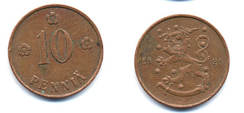 Финляндия 10 пенни 1929 республика (1918-1962) KM 24 медь 51-5314