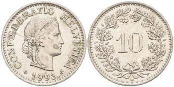 ШВЕЙЦАРИЯ 10 РАППЕНОВ 1993 В KM 27 медно-никель 55-535