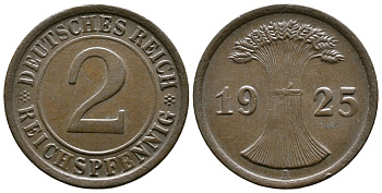 ГЕРМАНИЯ 2 РЕЙХСПФЕННИГА 1925 A KM 38, J. 314 бронза 176-332