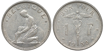 Бельгия 1 франк 1930 Belgique KM 89 никель 51-2057