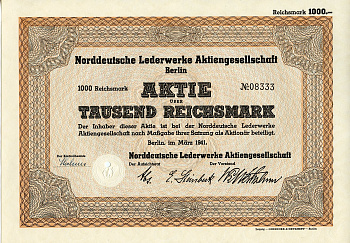 Германия 1000 рейхсмарок 1941 АО кожевенной промышленности Северной Германии, Берлин, акция   бумага   8804-113-1